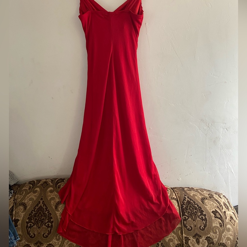 Red Ruched Ruffled High Low Gown - Picture 3 of 6
